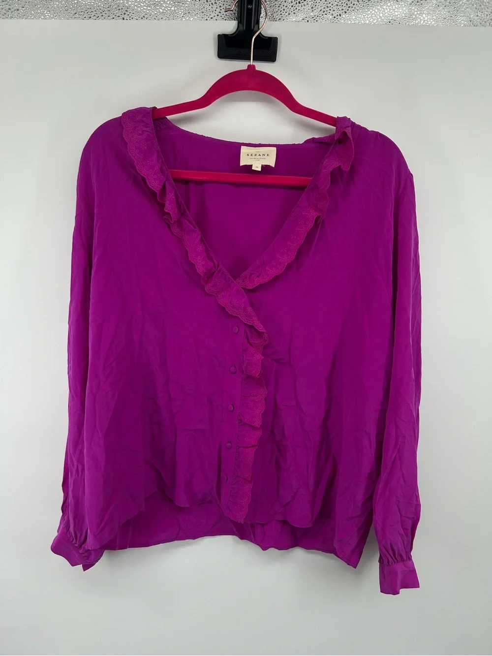 Sezane Purple Ruffled V-Neck Blouse